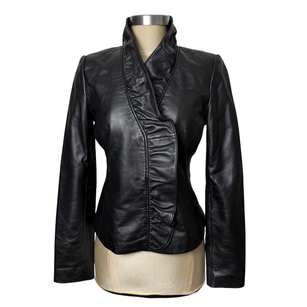 INC International Concepts Black‎ Leather Ruffle Jacket Women S Moto Chic - Picture 2 of 14